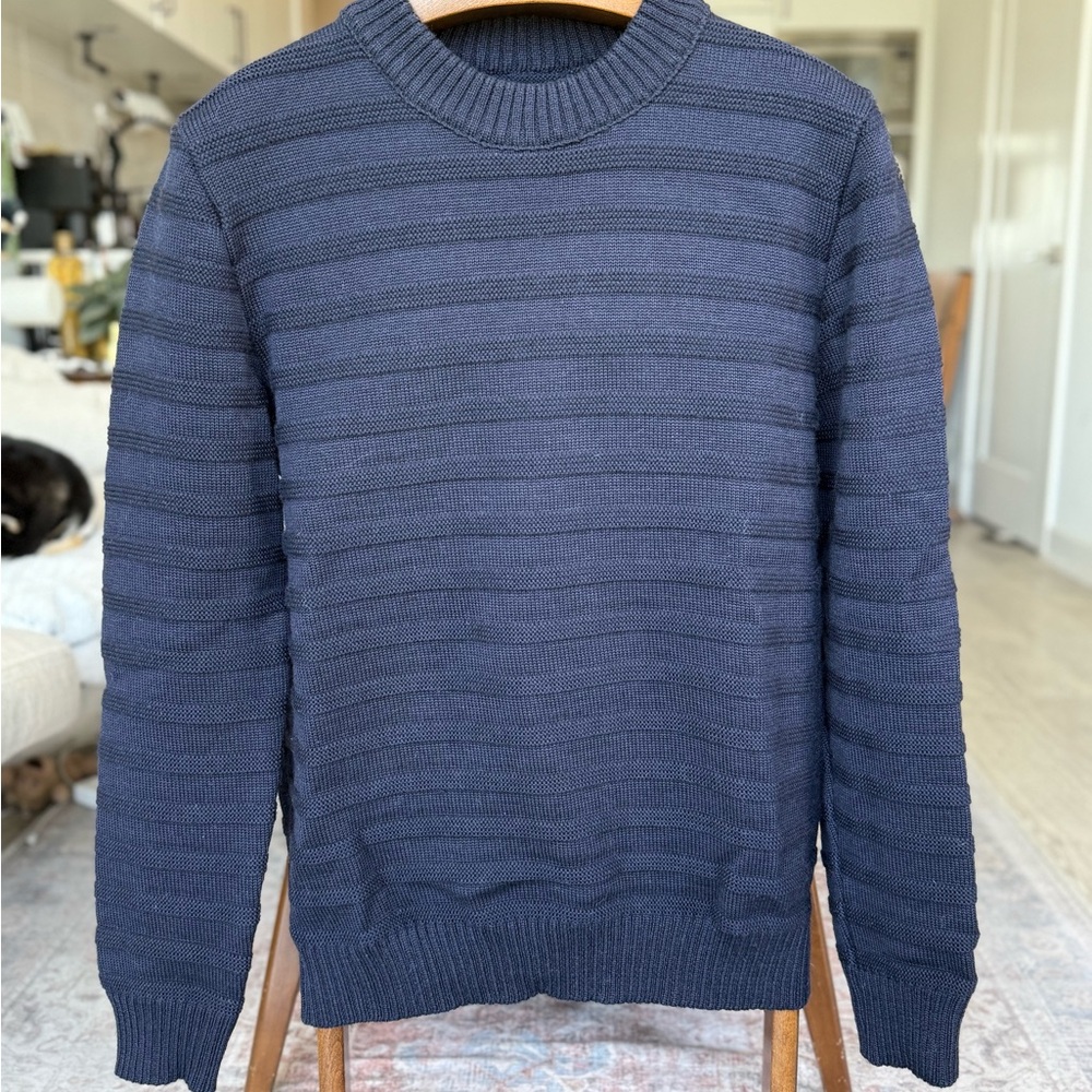Aprenteur Navy Blue Knit Crewneck Sweater w/ Textured Ribbed Design